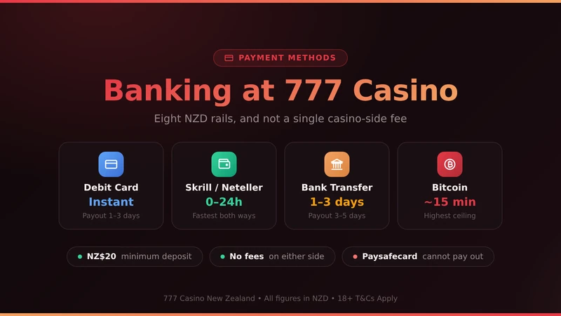 Deposit and withdrawal methods at 777 Casino with speeds and NZD limits